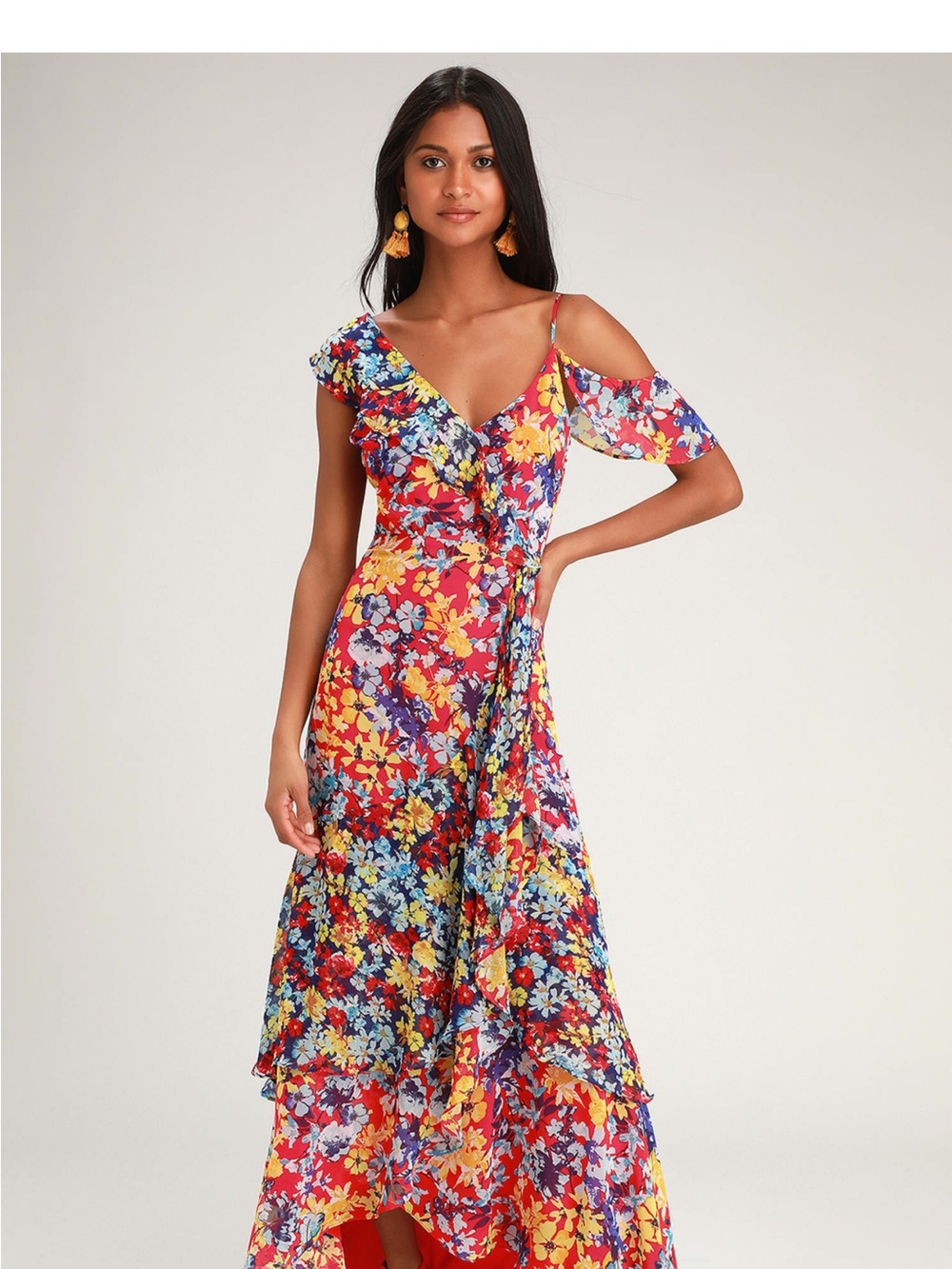 Radiant Ruby Red Floral Print Chiffon Maxi Dress- Lulu’s (M/L)